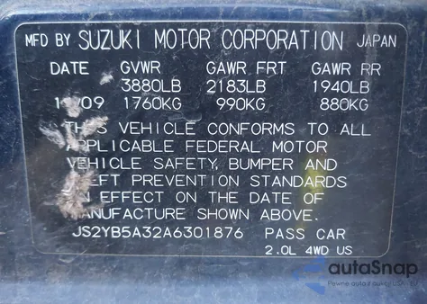 2010 Suzuki Sx4 Technology from USA, damaged, VIN JS2YB5A32A6301876